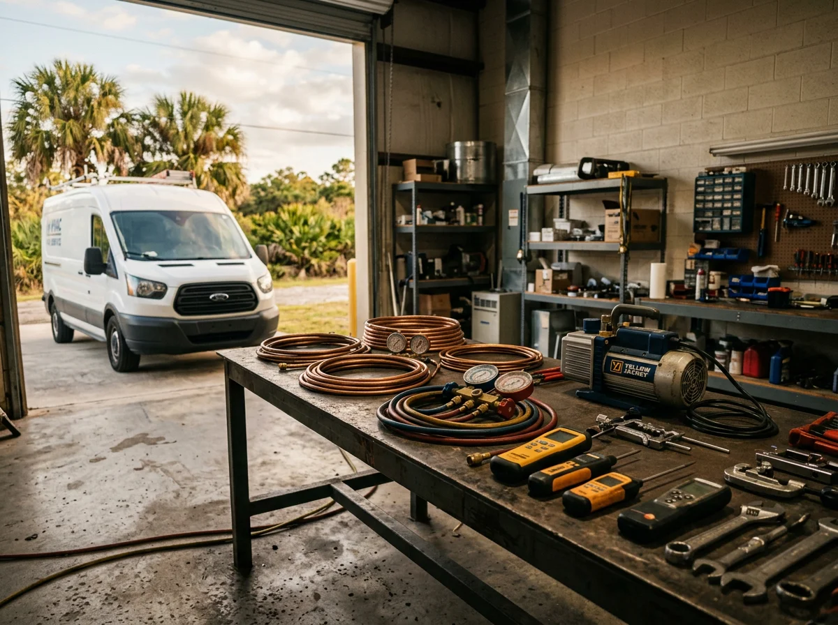 HVAC technician tools and equipment ready for service calls. Professional mechanical shop setup.