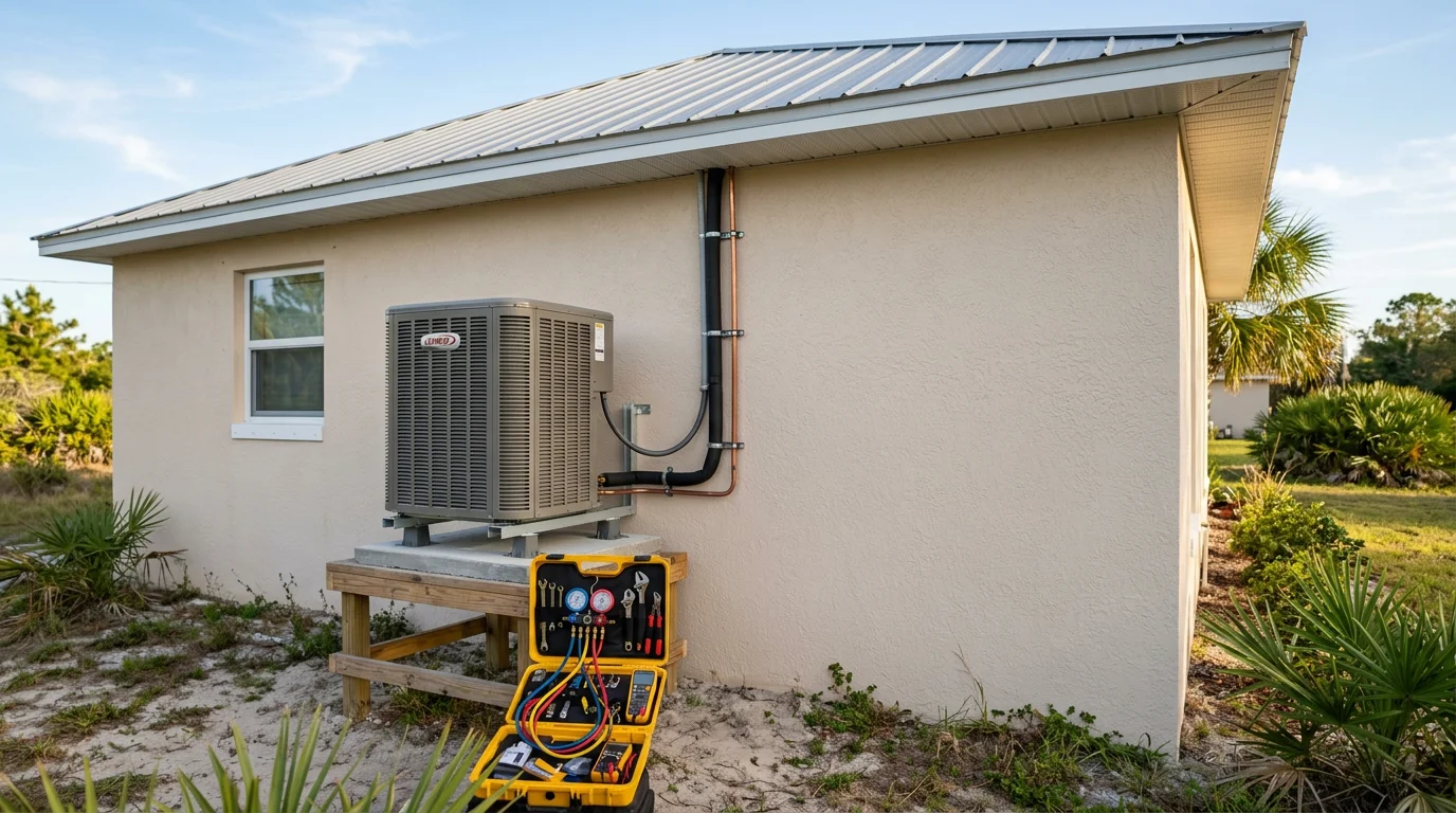 Air conditioning outdoor unit mounted on the side of a residential home