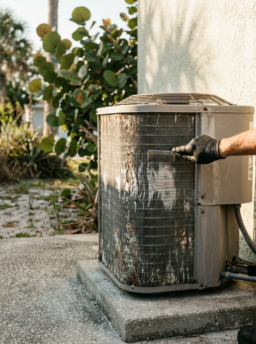 A technician cleaning salt deposits from the condenser coil fins of an outdoor HVAC unit at a Cocoa Beach, Florida residential property.