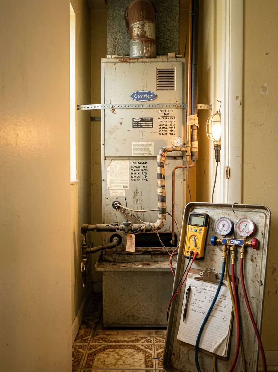 An HVAC technician performing a system inspection on an older air handler unit inside a mid-century home in Melbourne, Florida's Eau Gallie neighborhood.