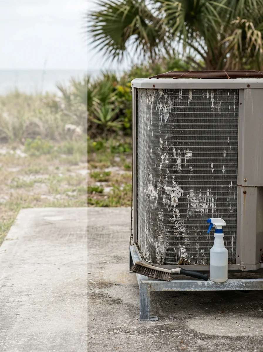 An HVAC technician cleaning salt deposits from the condenser coil of an outdoor unit at a waterfront home on Merritt Island, Florida.
