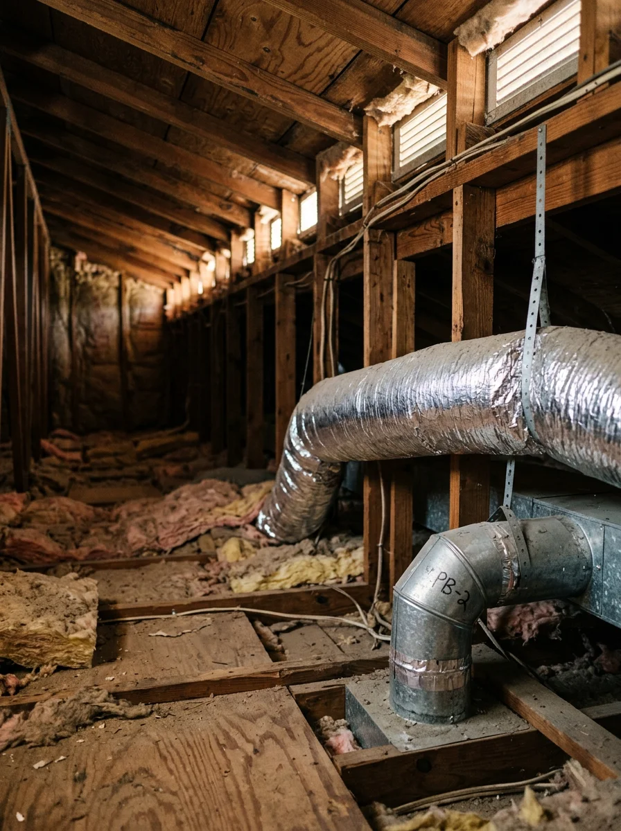 An HVAC technician inspecting ductwork in the attic of a 1980s-era ranch home in Palm Bay, Florida, with insulation and duct connections visible.