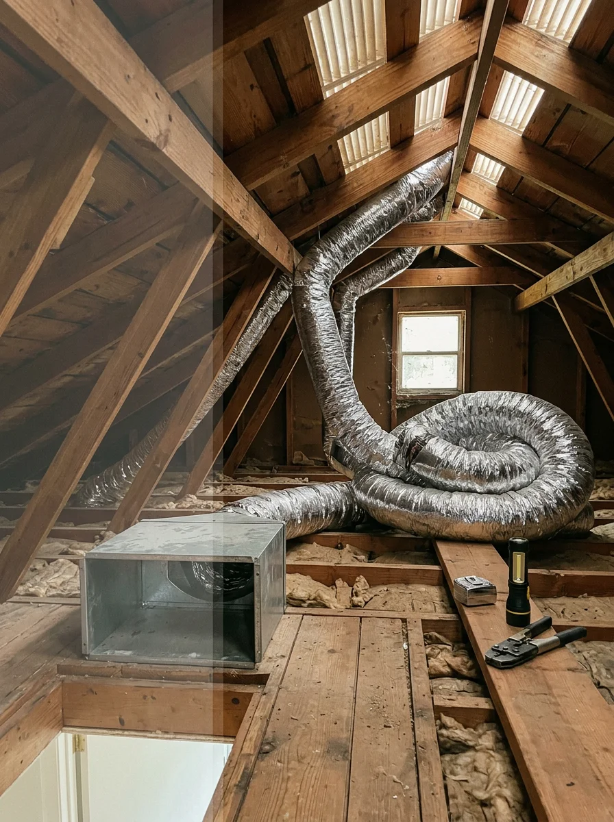 An HVAC technician assessing ductwork routing options inside the attic of a 1950s-era ranch home in Rockledge, Florida's established riverfront neighborhood.