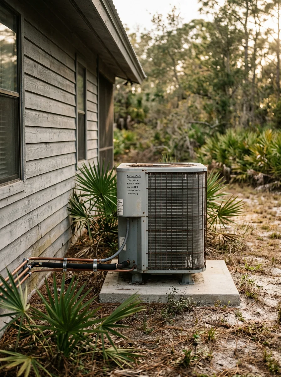 An HVAC technician inspecting an outdoor condenser unit at a large-lot farmhouse property in north Brevard County, Florida.