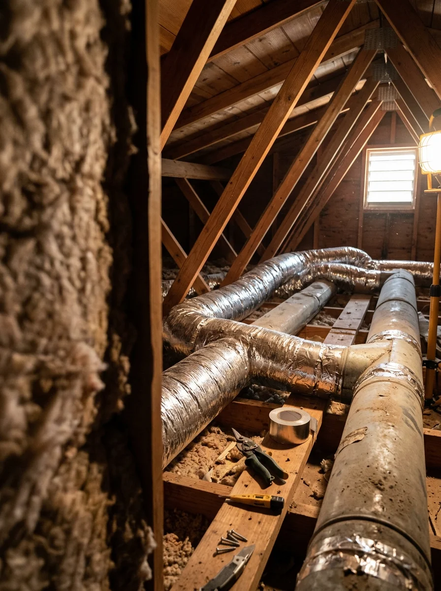 An HVAC technician replacing aging ductwork inside the attic of a pre-1980 ranch home in Titusville, Florida.