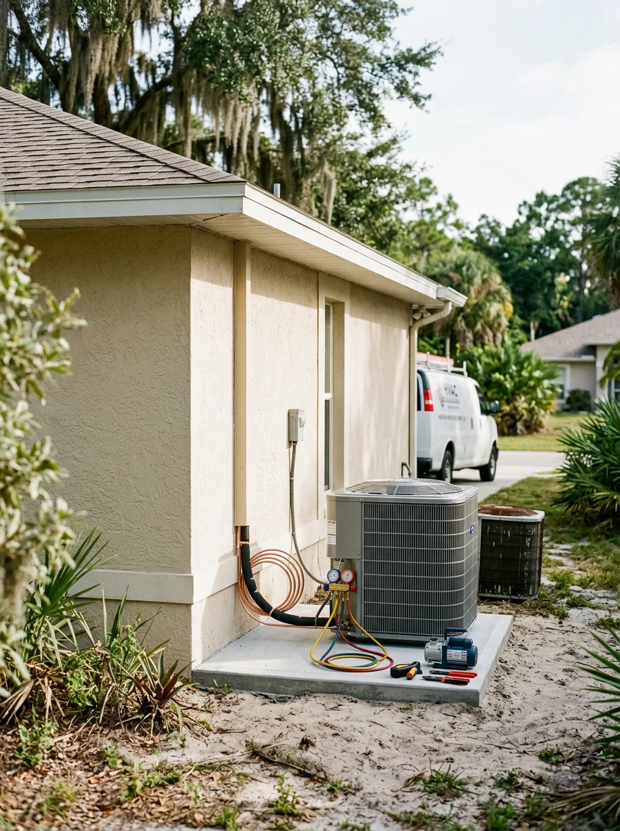 An HVAC technician installing a replacement system at a 1990s-era home in one of Viera, Florida's established planned neighborhoods.