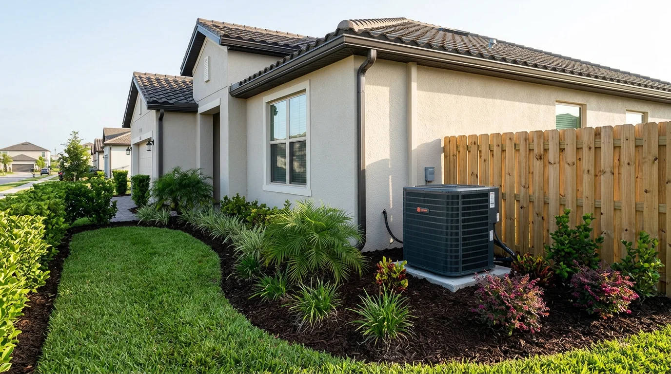 A newer single-family home in Viera, Florida's master-planned community with a residential HVAC condenser unit installed in the side yard, surrounded by manicured landscaping.