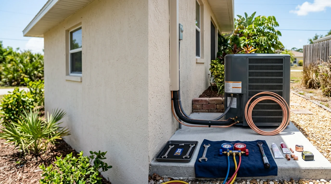A new residential air conditioning condenser unit installed outside a single-family home in Scottsmoor, Florida, with clear blue sky and green lawn visible in the background. A technician from Central Florida Mechanical Inc checks the outdoor unit connections during the final installation walkthrough.