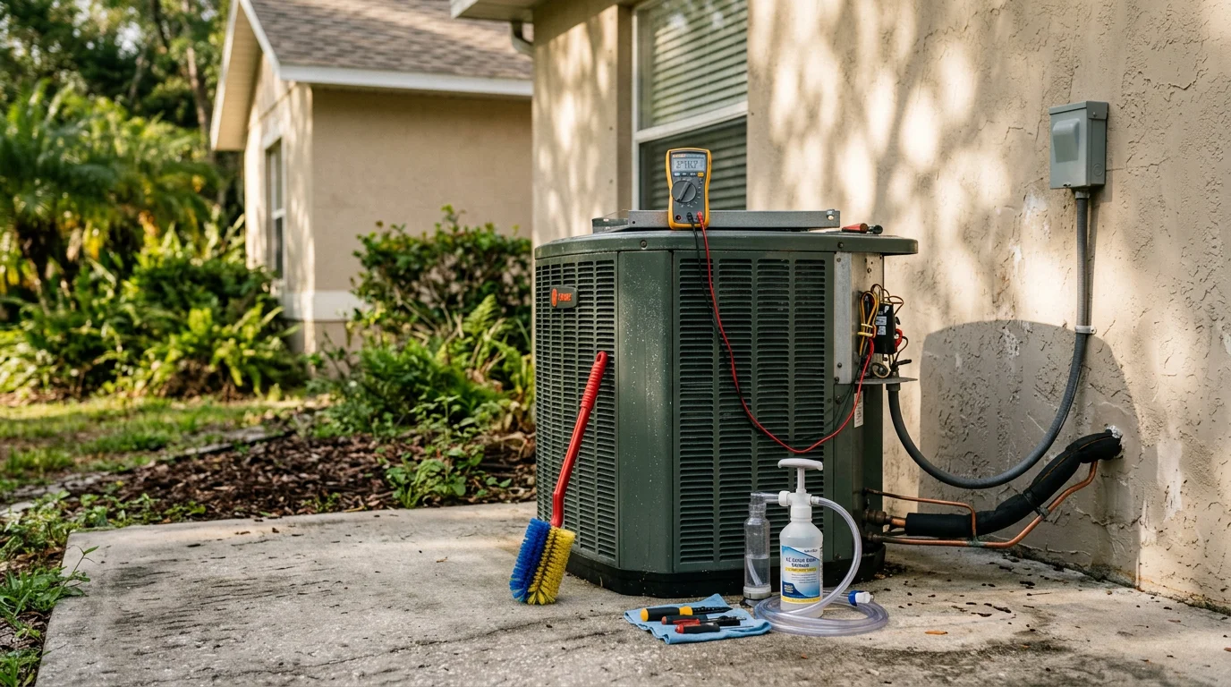 A Central Florida Mechanical Inc technician inspecting an outdoor AC condenser unit at a residential property in Scottsmoor, Florida. The technician checks coil condition and airflow clearance during a routine maintenance visit.