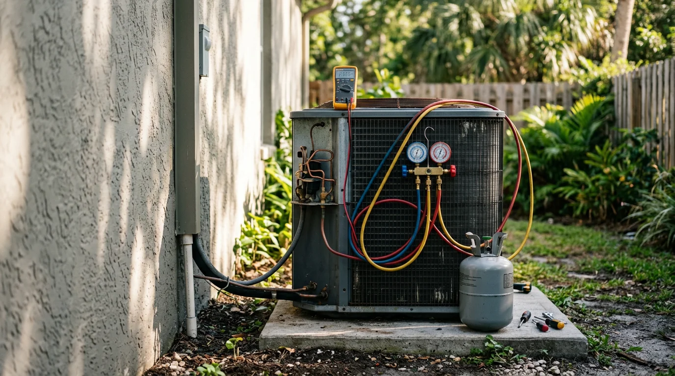 An HVAC technician inspecting an outdoor AC condenser unit at a residential home in Scottsmoor, Florida. The technician checks refrigerant lines and electrical connections during an air conditioning repair service call.