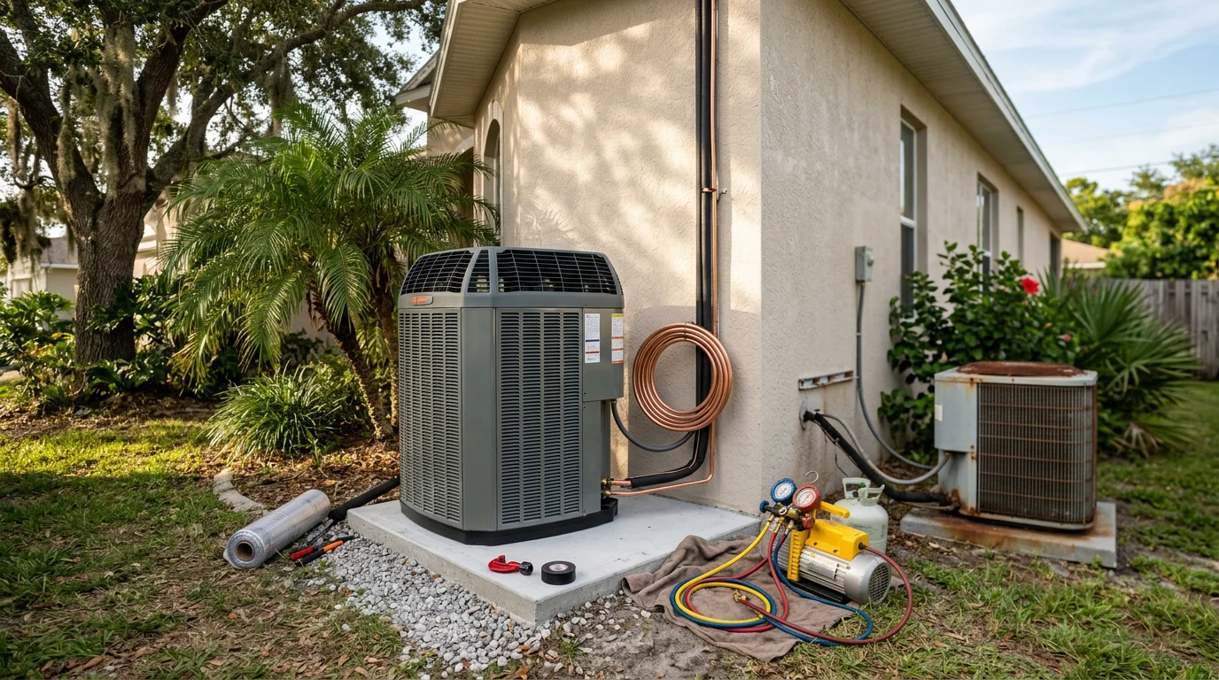 A new residential air conditioning outdoor unit installed beside a single-family home in Scottsmore, Florida, with clear skies and mature landscaping visible in the background. A technician in a work uniform checks the unit connections during the upgrade process.