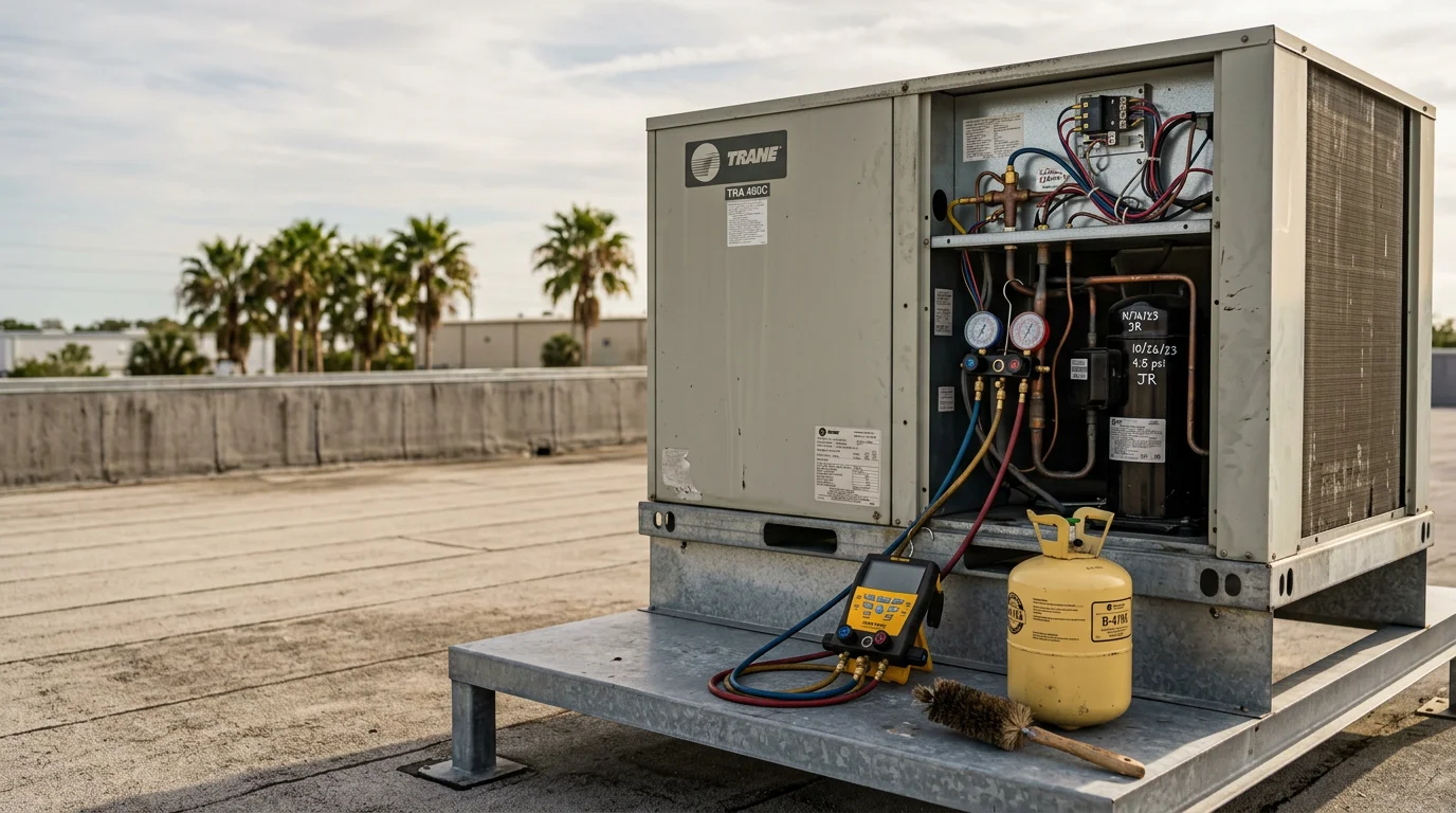 A commercial HVAC technician inspecting a rooftop package unit on a commercial building in Scottsmoor, Florida. The unit sits under a clear blue sky with visible ductwork connections and service panels open for inspection.
