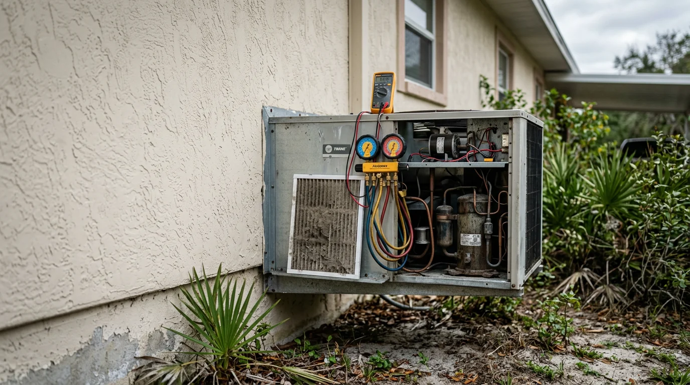 A heating technician inspecting an outdoor heat pump unit at a residential home in Scottsmoor, Florida during a winter cold snap. The technician is checking internal components with diagnostic tools while the home's exterior is visible in the background.
