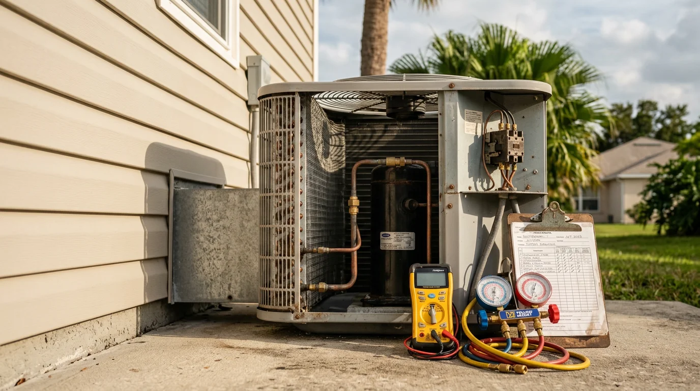 An HVAC technician inspecting an outdoor air conditioning unit at a residential home in Scottsmoor, Florida, during a summer service call. The technician is checking the compressor and electrical components in a typical Brevard County backyard setting.