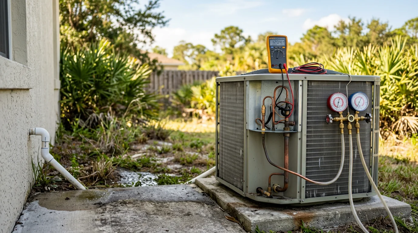 A Central Florida Mechanical Inc technician inspecting the outdoor unit of a residential heat pump at a home in Scottsmoor, Florida. The technician checks coil and electrical components on a clear day with a single-story home visible in the background.