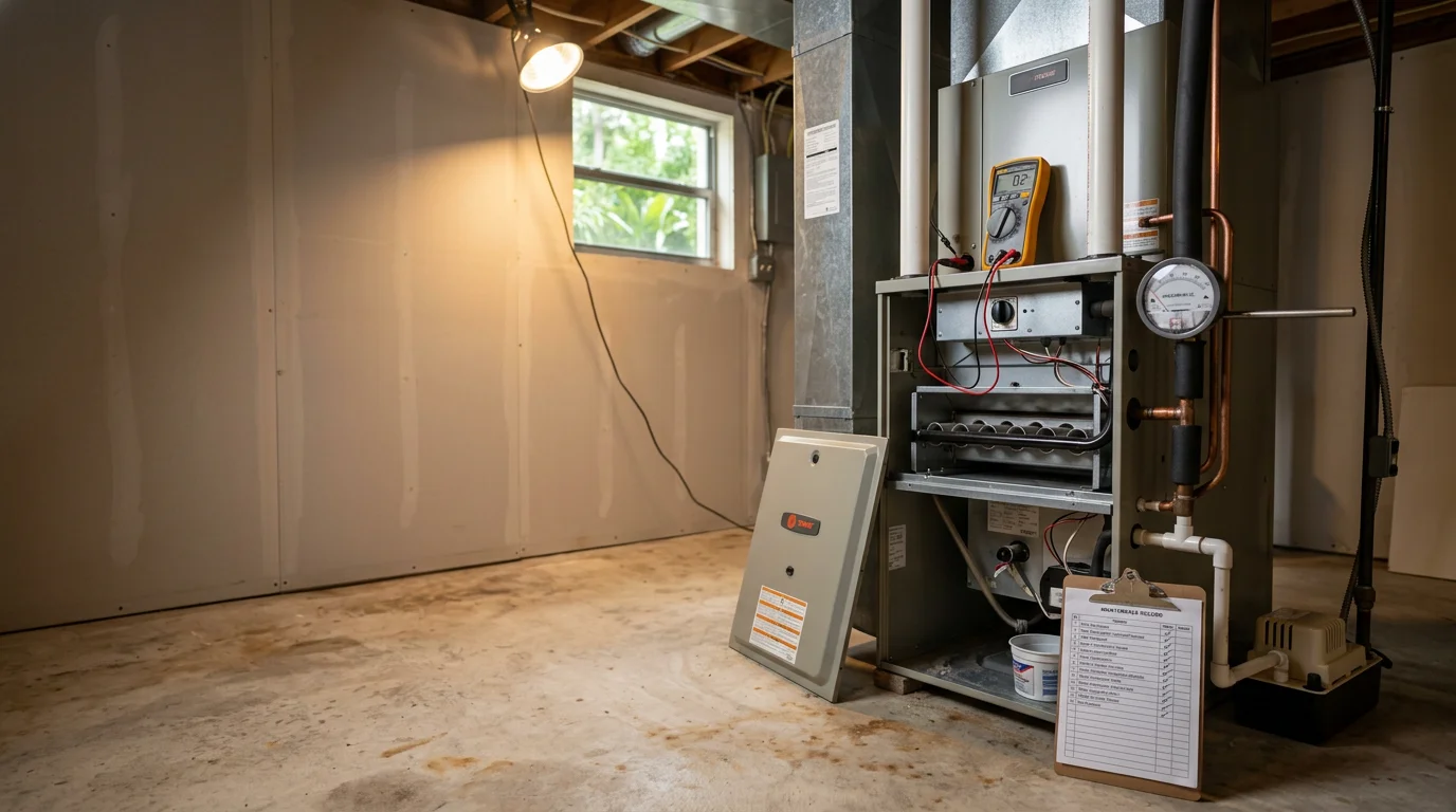 A heating system technician inspecting the internal components of a residential heating unit during a maintenance visit in Scottsmoor, Florida. The technician checks electrical connections and heat exchanger components inside a Brevard County home.