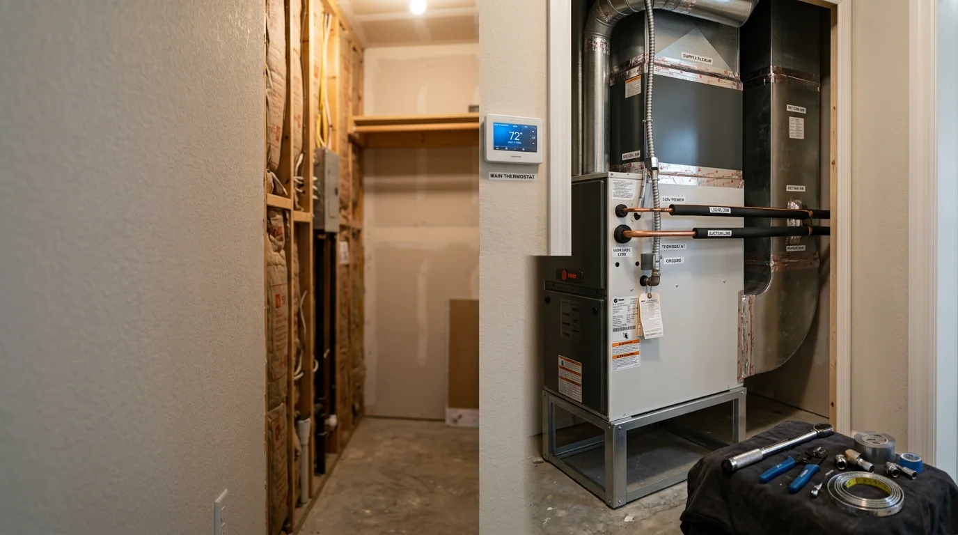 A newly installed residential heating system unit inside a Scottsmoor, Florida home, with clean ductwork connections and a properly mounted air handler in a utility closet. The installation shows tidy electrical and refrigerant line connections typical of a Brevard County residential heating setup.
