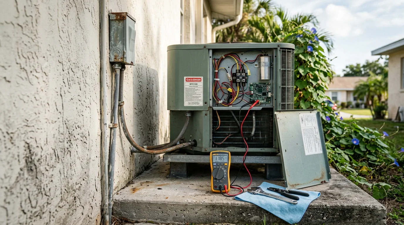 A heating system unit being inspected and repaired by a technician inside a Scottsmoor, Florida home. The image shows internal components being checked during a service call in Brevard County.