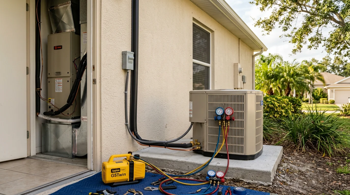 A newly installed residential HVAC outdoor condenser unit positioned beside a home in Scottsmoor, Florida, with clear surrounding clearance and a connected refrigerant line set running to the interior air handler.