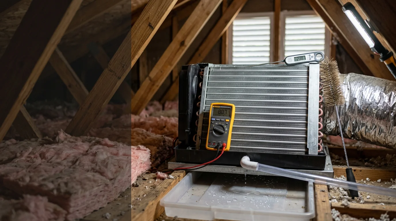 A Central Florida Mechanical Inc technician inspecting and cleaning an outdoor HVAC condenser unit at a residential property in Scottsmoor, Florida. The technician checks coil condition and electrical connections during a routine maintenance visit.
