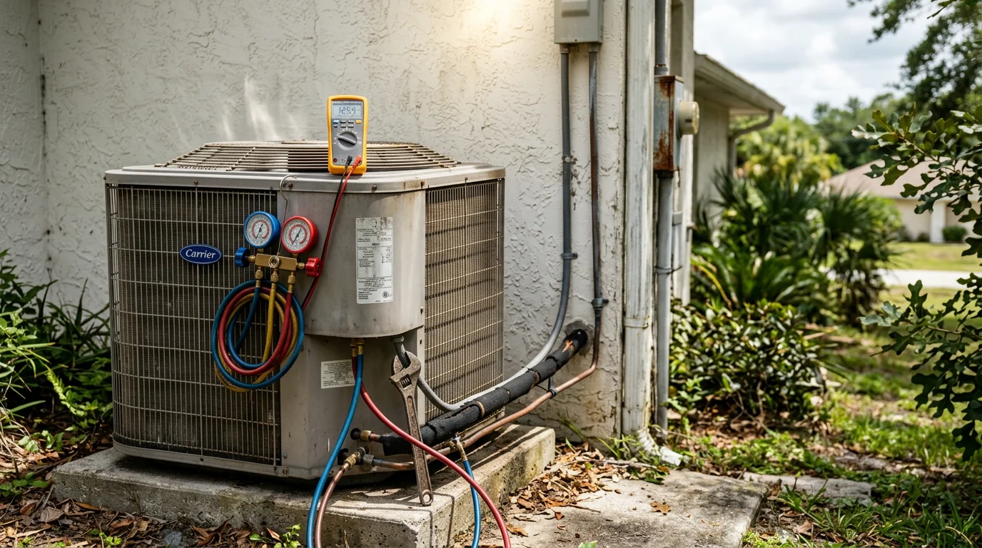 An HVAC technician inspecting an outdoor air conditioning unit at a residential home in Scottsmoor, Florida. The technician checks refrigerant lines and electrical connections on a sunny Brevard County day.
