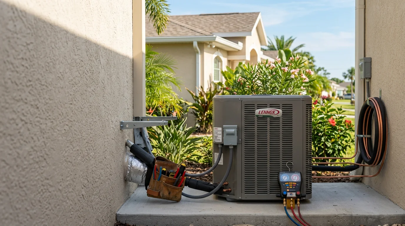 A new HVAC system installed outside a single-family home in Scottsmoor, Florida, with a clear view of the outdoor condenser unit positioned on a concrete pad. The surrounding landscape reflects Brevard County's humid, coastal environment.